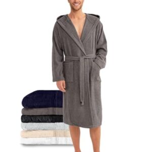 Bademantel aus 100% Baumwolle, dunkelgrauer Farbton, Größe L, bequemer und pflegeleichter Herrenbademantel mit Kapuze und Taschen