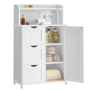 VASAGLE Badezimmerschrank mit Tür, Steckdosenleiste und Schubladen. Ein praktischer und stylisher Schrank für Ihr Bad mit verschiedenen Ablagen und Fächern für eine sichere Aufbewahrung von Artikeln.