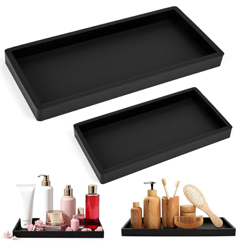 Zwei rechteckige Badezimmer Tabletts aus Silikon, schwarze Ablageschalen für persönliche Gegenstände und Kosmetika im Badezimmer oder der Küche