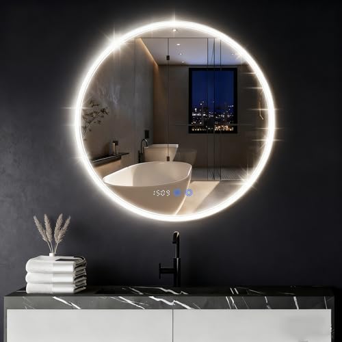 Runder Badspiegel mit Beleuchtung 60x60 cm, LED Badezimmerspiegel mit Touch-Schalter und antibeschlagender Funktion