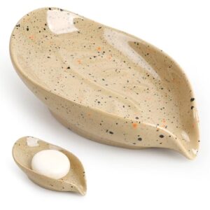 Keramik Seifenschale mit Ablauf, Blattform Seifenhalter für Bad, Dusche, Waschbecken & Küche, Beige mit Sprenkeln, Moderne Seifenablage vielseitig als Schmuckschale & Seifentablett