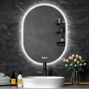 Oval LED Badezimmerspiegel mit Touch, Demister und 3-Farben-Dimming, Beleuchteter Badezimmerspiegel mit elegantem Design für das Badezimmer
