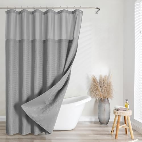 Duschvorhang mit Haken, Schwerer, wasserdichter Stoff, Hotel-Stil mit Netzfenster, 12 rostbeständige Haken (Grau, 200 x 200 cm)