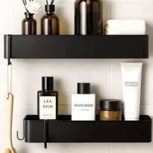 Generisch AVENDO Badregal ohne Bohren – 2er Set aus rostfreiem Metall – Duschablage in edlem matt-schwarz inkl. 4 Haken – Stabiles Duschregal selbstklebend (bis 6 kg) für Bad & Küche