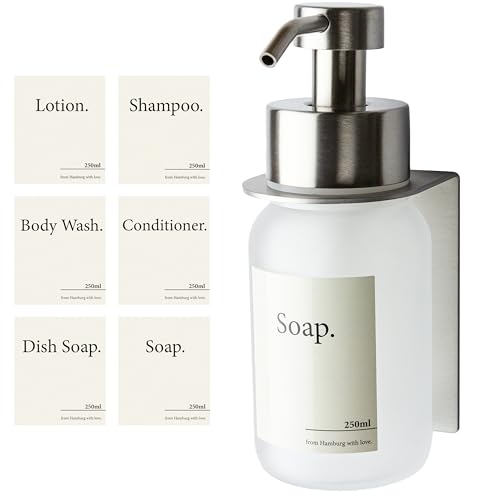 Glas Seifenspender mit Wandhalterung aus Edelstahl, Silber oder Frost farbig, ohne Bohren erforderlich.