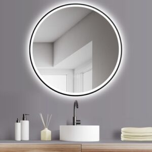 HOKO Design Badspiegel rund 80 cm mit Metall Rahmen Matt Schwarz, LED-Beleuchtung und Touch-Schalter für Badezimmer IP44