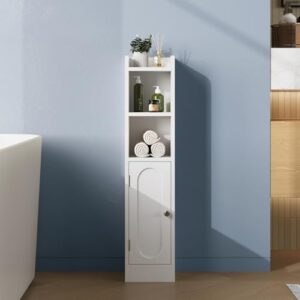 Schmaler Badezimmerschrank mit Türen und verstellbaren Regalen, weißer Farbe, perfekt für kleine Räume und Badezimmerorganisation