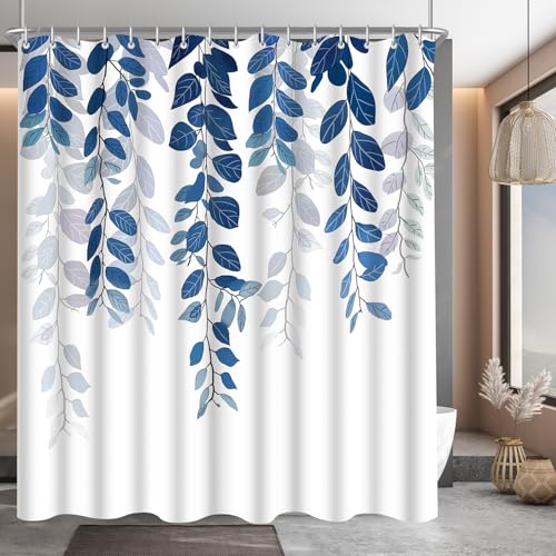 Badezimmer mit Duschvorhang in Blaublatt-Design, Beschwerter Saum, Antibakteriell, Wasserabweisend und Waschbar
