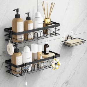 LYRIFFTIC Duschablage Ohne Bohren, 3-TLG Duschorganizer mit Verstellbaren Körben, Rostfrei - Maximaler Stauraum mit Seifenhalter & 3 Haken für Dusche