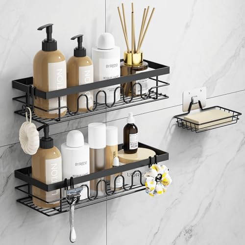 LYRIFFTIC Duschablage Ohne Bohren, 3-TLG Duschorganizer mit Verstellbaren Körben, Rostfrei - Maximaler Stauraum mit Seifenhalter & 3 Haken für Dusche