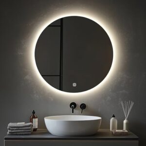 Badezimmerwandspiegel mit LED-Beleuchtung und Touch-Schalter, 79 cm groß, drei Farben dimmbar