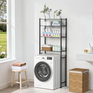 Hochwertiges Waschmaschinenregal mit 4 Ebenen und hochfestem Metallrahmen, ideal für kleinere Räume wie Badezimmer oder Küche, ohne Bohren flexibel einstellbar.