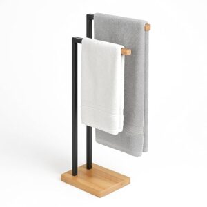 Relaxdays Handtuchhalter stehend, schwarzer Stand mit zwei Stangen und Bambus-Design für Handtücher und Badetücher