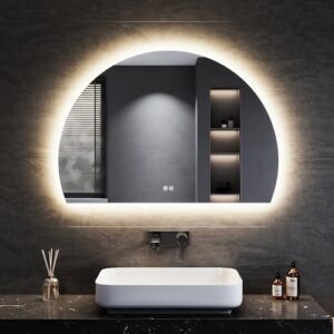 Badspiegel mit Beleuchtung, LED-Spiegel mit Touch-Schalter und Dimmbar-Funktion, Halbrund Spiegel 100x70 cm, energiesparende LED-Lichtleiste, 3 einstellbare Lichtfarben, Antibeschlagfunktion