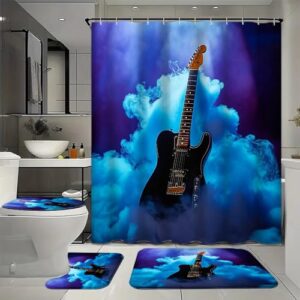4-teiliges Duschvorhang-Set mit Country-Gitarrenmotiv, wasserdicht und inklusive 12 Haken, abstraktes Aquarell-Musikinstrumenten-Design für Badezimmer