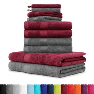 Eco-freundliche Handtücher in Anthrazit und Bordeaux, 10er Pack, mit Aufhängeschlaufe, für Badezimmer, Öko-Tex zertifiziert.