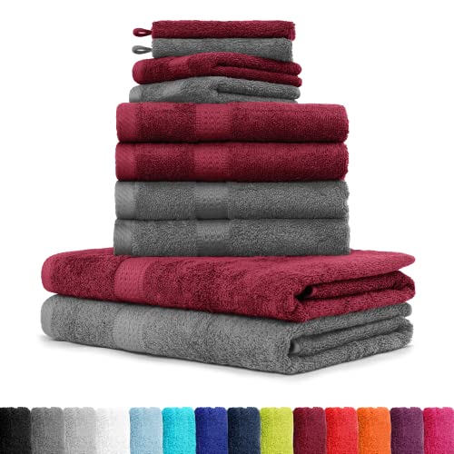 Eco-freundliche Handtücher in Anthrazit und Bordeaux, 10er Pack, mit Aufhängeschlaufe, für Badezimmer, Öko-Tex zertifiziert.