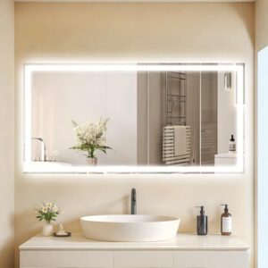 Clevich Badspiegel mit Beleuchtung 120×60 cm, LED Spiegel mit 3 Lichtfarben Dimmbar, Gehärtetes Glas Explosionsschutz, Touch-Schalter, Memory-Funktion, Beschlagfrei, Badezimmerspiegel mit Licht