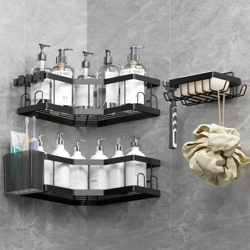 Praktisches Duschregal ohne Bohren für ein ordentliches Badezimmer, Kohlenstoffstahlkonstruktion und Selbstkleber für eine einfache Montage.