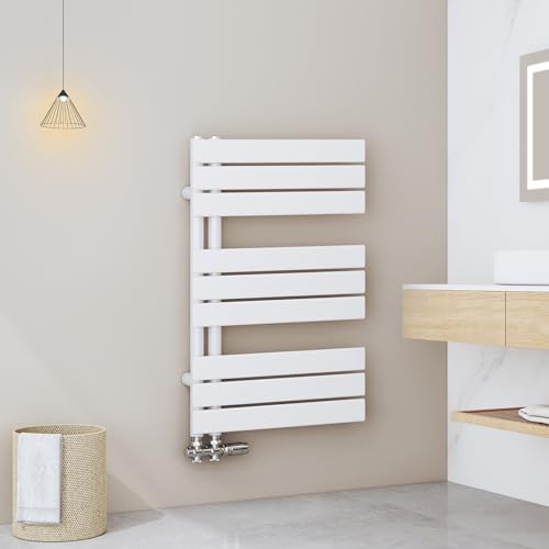EMKE Handtuchheizkörper Flach 762x500 mm, Badheizkörper Handtuchhalter mit Seitenanschluss, Effizienter Handtuchwärmer Handtuchtrockner Bad Heizkörper, Weiß, 397W
