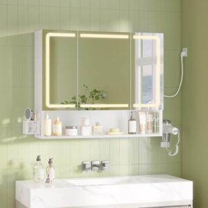 Spiegelschrank für Badezimmer mit LED-Beleuchtung und Steckdosen, weiß, 80 cm breit, 3 Türen, verstellbares Regal