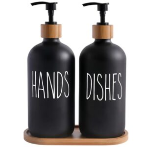 Multifunktionales Glas Seifenspender Set mit zwei Glasflaschen und Bambustablett, ideal für Küche, Badezimmer oder Arbeitsplatz, nachhaltige Herkunft und langlebiges Design