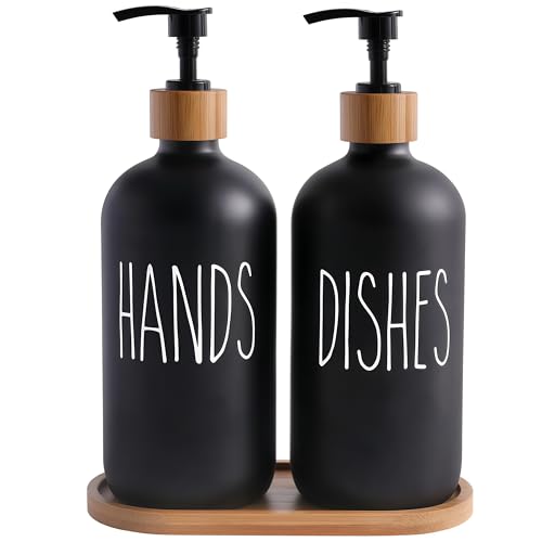 Multifunktionales Glas Seifenspender Set mit zwei Glasflaschen und Bambustablett, ideal für Küche, Badezimmer oder Arbeitsplatz, nachhaltige Herkunft und langlebiges Design