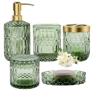 Grünes Seifenspender-Set fürs Badezimmer, 5-teiliges Badezimmer-Accessoires-Set, Seifenspender für die Badezimmer-Waschbecken, Goldener Zahnbürstenhalter, Seifenschale, Becher, Wattestäbchenbehälter