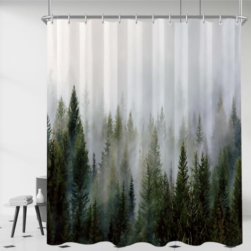 Lerores Duschvorhang 180x200 cm, Nebel Wald Muster, Beschwerter Saum, Antischimmel, Textil, Wasserabweisend, Waschbar, Polyester Badevorhang mit 12 Ösen und Duschvorhangringen für Badezimmer