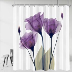 Duschvorhang 180x200 cm Violette Blumen, Beschwerter Saum Antischimme, Wasserabweisend, Waschbar Polyester Badevorhänge mit 12 Ösen und Duschvorhangringen für Badezimmer, Badewanne