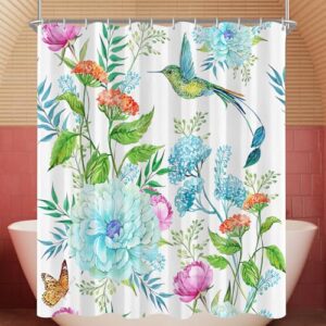Lerores Duschvorhang 180x200 cm Blumen Vögel, Wasserabweisend, Waschbar Polyester Badevorhänge mit 12 Ösen und Duschvorhangringen für Badezimmer, Badewanne
