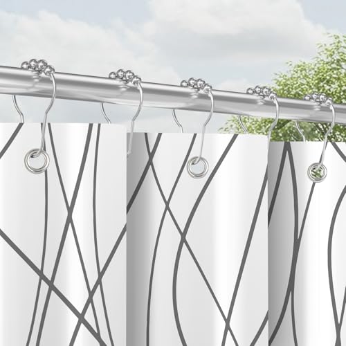 Lerores Duschvorhang mit Metall Duschvorhangringe 180x200 cm Grau Kurven, Beschwerter Saum Antischimmel Textil, Wasserabweisend, Waschbar Polyester Badevorhänge Set für Badezimmer und Badewanne