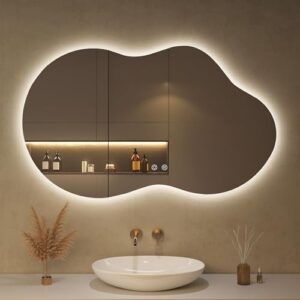 OUMUSU Spiegel mit Beleuchtung, asymmetrischer LED Badspiegel 100 x 60 cm mit Touch-Schalter, Dimmbar 3 Lichtfarbe Einstellbare, Beschlagfrei Badezimmerspiegel mit Beleuchtung, Bruchsicher