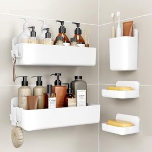 Duschablage ohne Bohren, Duschrack für 5 Stück, Shampoo Halterung für Dusche, Badregal ohne Bohren, ABS, Weiß