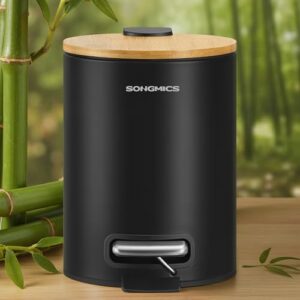 Badezimmermülleimer aus Bambus mit Deckel und Metallpedal, 3 Liter Fassungsvermögen, tintenschwarz
