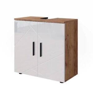 Vicco Waschbeckenunterschrank Irma, Weiß Hochglanz/Goldkraft Eiche, 60 x 59 cm, mit Siphonaussparung und Einlegeboden zur Aufbewahrung