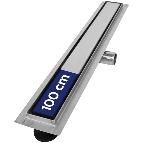 VILSTEIN Duschrinne aus Edelstahl mit Extra-Flach-Design, 100 cm lang. Komplettes Set für den Duschablauf inklusive Bodenbefestigung, Abdeckung und Siphon mit Haarsieb.