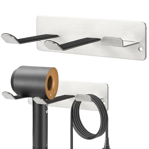 WOLOG-Fönhalter ohne Bohren - Edelstahl 304 (Silber) - Wandhalterung für Haartrockner mit Kabelhalter - Robuster Fönhalter für Bad & Friseursalon