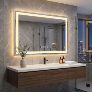 Moderner Badspiegel mit Beleuchtung, Digitaluhr und Touch-Schalter, silberner Metallrahmen, 3 Lichtfarben Dimmbar, IP44 Schutzart für Badezimmer