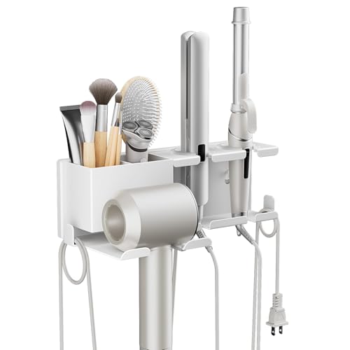 AIRUJIA Fönhalter Ohne Bohren, Föhn Halterung mit Steckerhaken und Aufbewahrungskorb für Haartrockner und Glätteisen