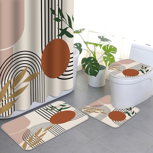 Abstraktes Moderne Badezimmer Set mit Duschvorhang und Teppich, Toilettendeckelmatte und U-Förmigem Pad Waschbar mit 12 Haken