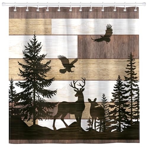 Duschvorhang mit Waldmotiv, hirsch und kiefer, 182x182 cm, polyester, badezimmer, dekoration, bauernhaus-stil