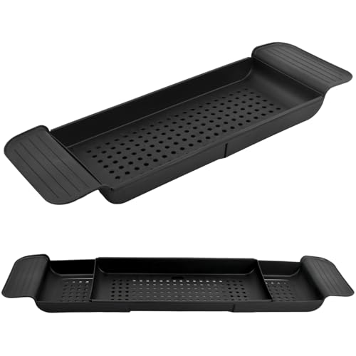 Badewannen Caddy Tablett mit Ablaufdesign, Erweiterbares Kunststoff Baderegal für Weingläser, Tablet-Telefone und Badeprodukte