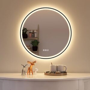 Badspiegel mit Beleuchtung und Bluetooth-Funktion, 60cm Durchmesser, dimmbar, 3 Lichtfarben, IP44 Wasserdicht, HD Hartglas, Schwarz, für Badezimmer