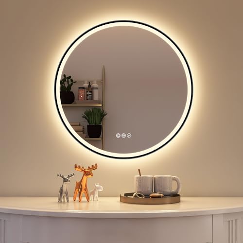 Badspiegel mit Beleuchtung und Bluetooth-Funktion, 60cm Durchmesser, dimmbar, 3 Lichtfarben, IP44 Wasserdicht, HD Hartglas, Schwarz, für Badezimmer
