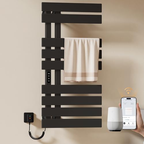 EMKE Handtuchheizkörper Elektrisch 1000 x 500 mm, WiFi Smart Thermostat Elektrischer Badheizkörper Handtuchhalter, Handtuchwärmer Elektrisch für Alexa und Google Home und APP Schwarz 320W