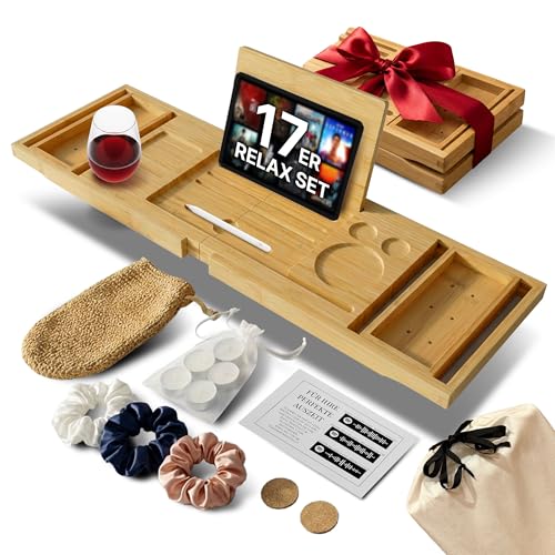 Jägeris Badewannentablett aus Bambus, verstellbar 75-105 cm, rutschfest und wasserabweisend, mit Tablet-, Buchhalter, Smartphone-Ablage und Spa-Set inklusive für eine entspannte Selbstpflege