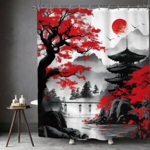 Kalmico Duschvorhang mit japanischen Kirschblüten, 152,4 x 183,9 cm (B x L), Tinte, Schwarz, Rot, Blumenmuster, asiatisch, chinesisch, Berg, Sonne, Anime, Badezimmer-Set, Zubehör, Dekor