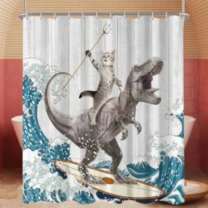 Stilvoller Duschvorhang aus Polyester, 180x200 cm groß, Katzen und Dinosaurier Motiv, wasserdicht und antischimmelig