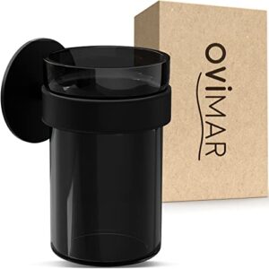 Hochwertiger Zahnputzbecher aus schwarzem Glas und Edelstahl für das Bad mit herausnehmbarem Becher und Zahnputzbecherhalter ohne Bohren